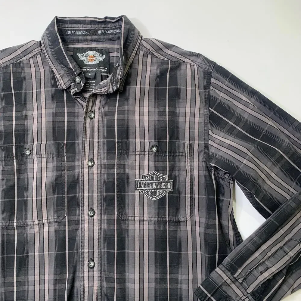 Harley Davidson Shirt Men M Medium Gray Black Cotton Plaid Button Up Long Sleeve